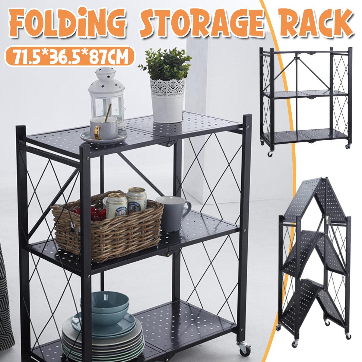 3-Tier Black Foldable Kitchen Storage Rack No-Drill Microwave Oven Shelf Stand