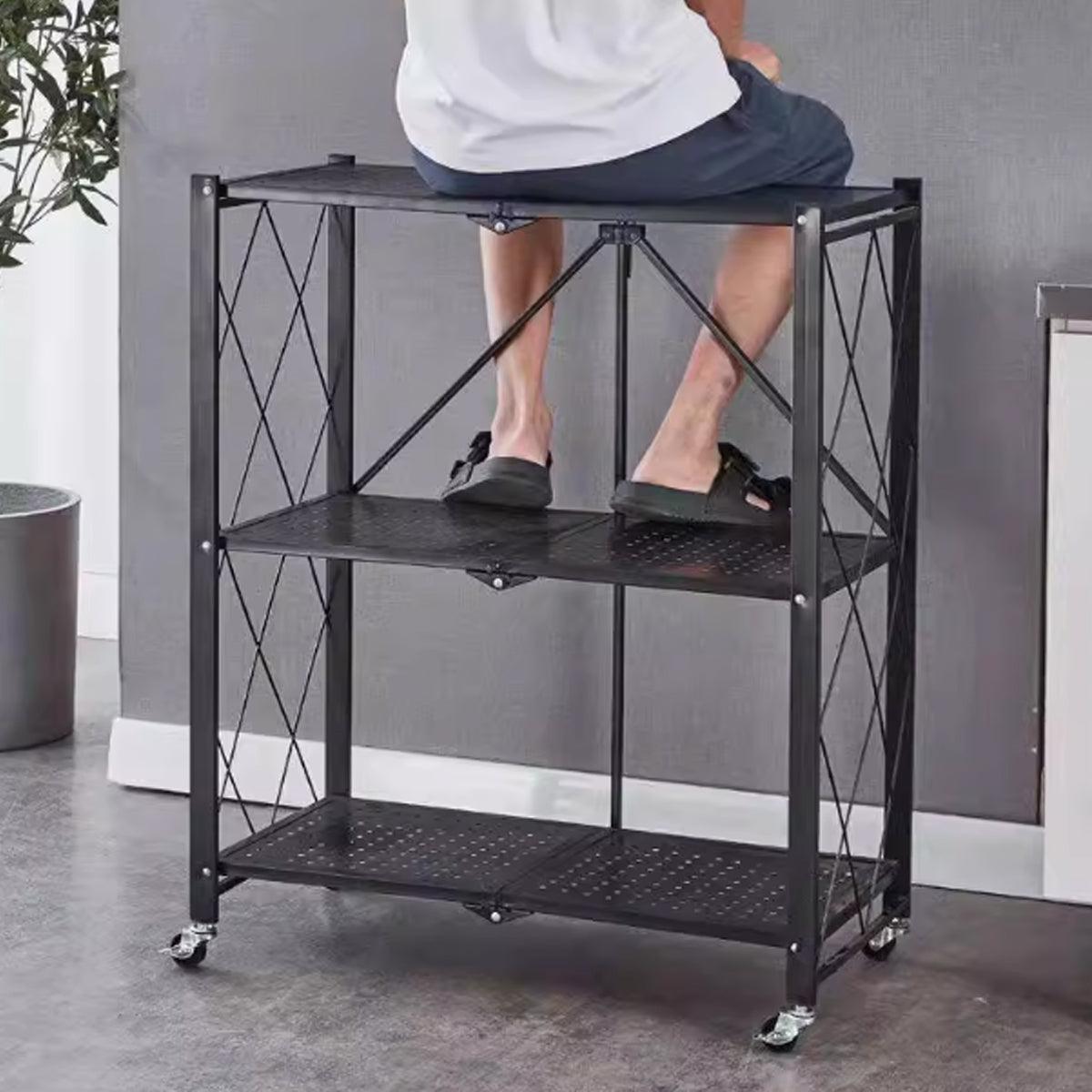 3-Tier Black Foldable Kitchen Storage Rack No-Drill Microwave Oven Shelf Stand