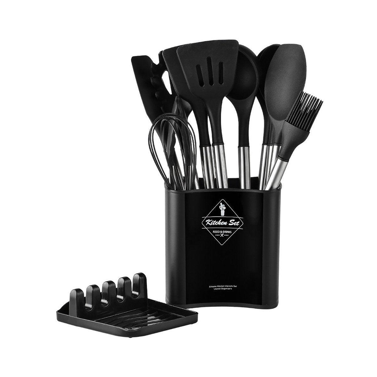 13PCS Silicone Kitchen Utensil Set Stainless Steel Handle Non-Stick Cooking Tool - Black