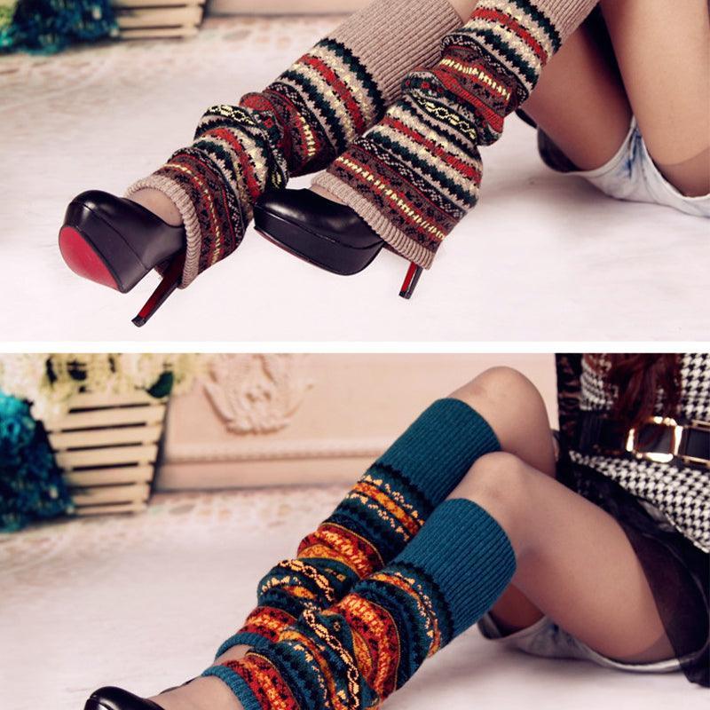 Women Ladies Winter Warm Knit Wool Leg Warmer Woolen Knee Knit Socks Leggings - Black