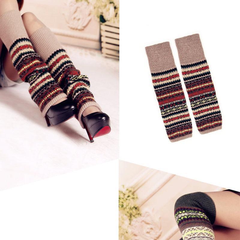 Women Ladies Winter Warm Knit Wool Leg Warmer Woolen Knee Knit Socks Leggings - Khaki