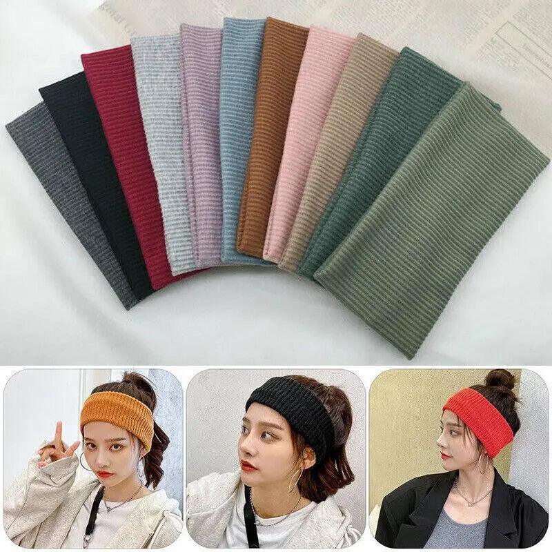 Women Headband Solid Wide Turban Knitted Cotton Hairband Girls Elastic Hair Band - Dark Grey