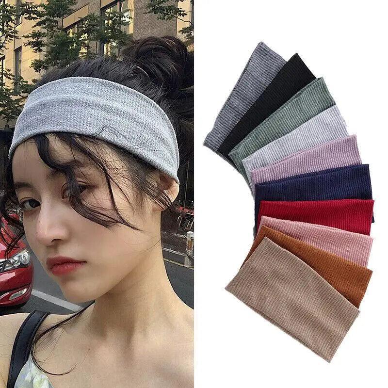 Women Headband Solid Wide Turban Knitted Cotton Hairband Girls Elastic Hair Band - Navy