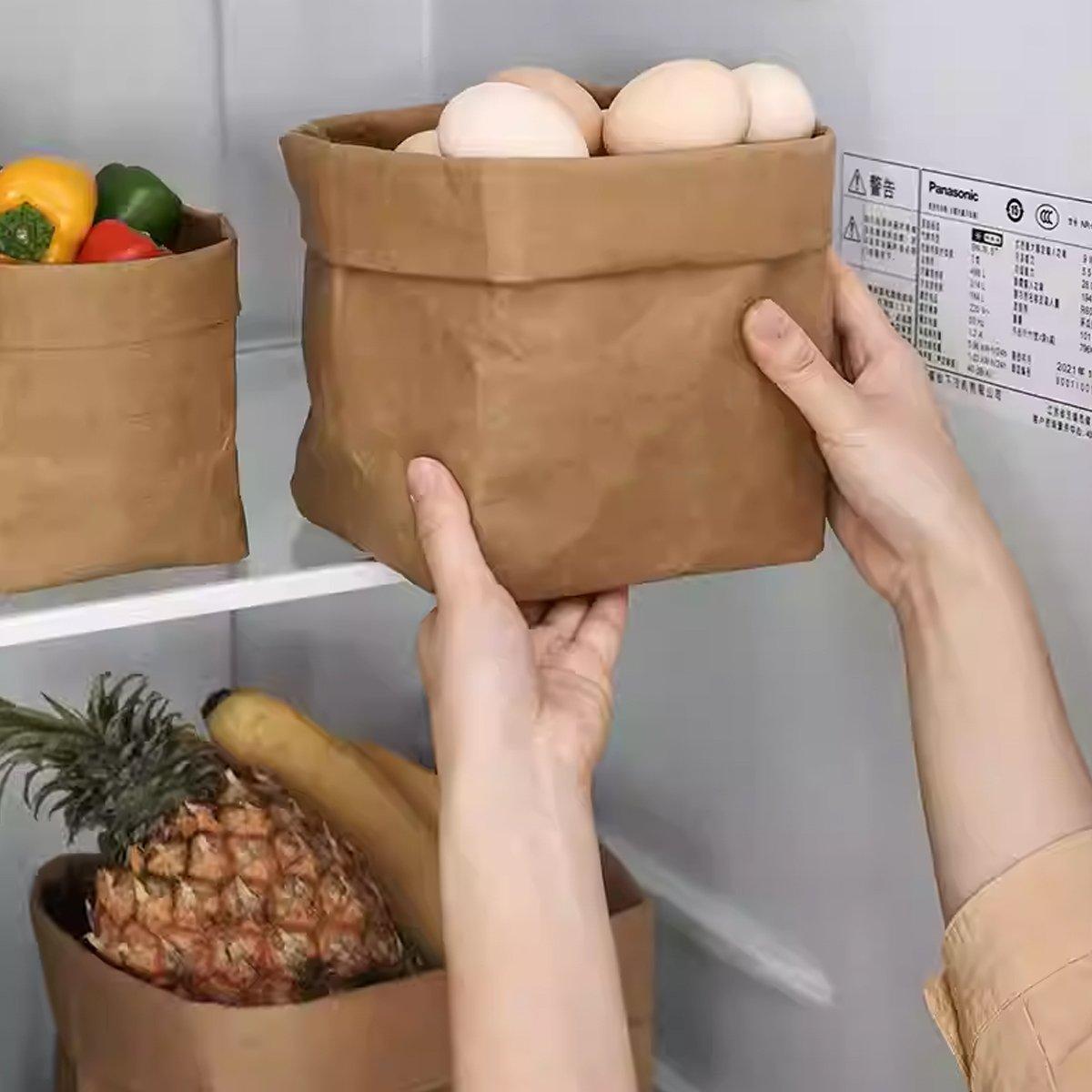 3pcs Washable Kraft Paper Storage Bag for Kitchen Desktop Refrigerator Organizer - XL-Square