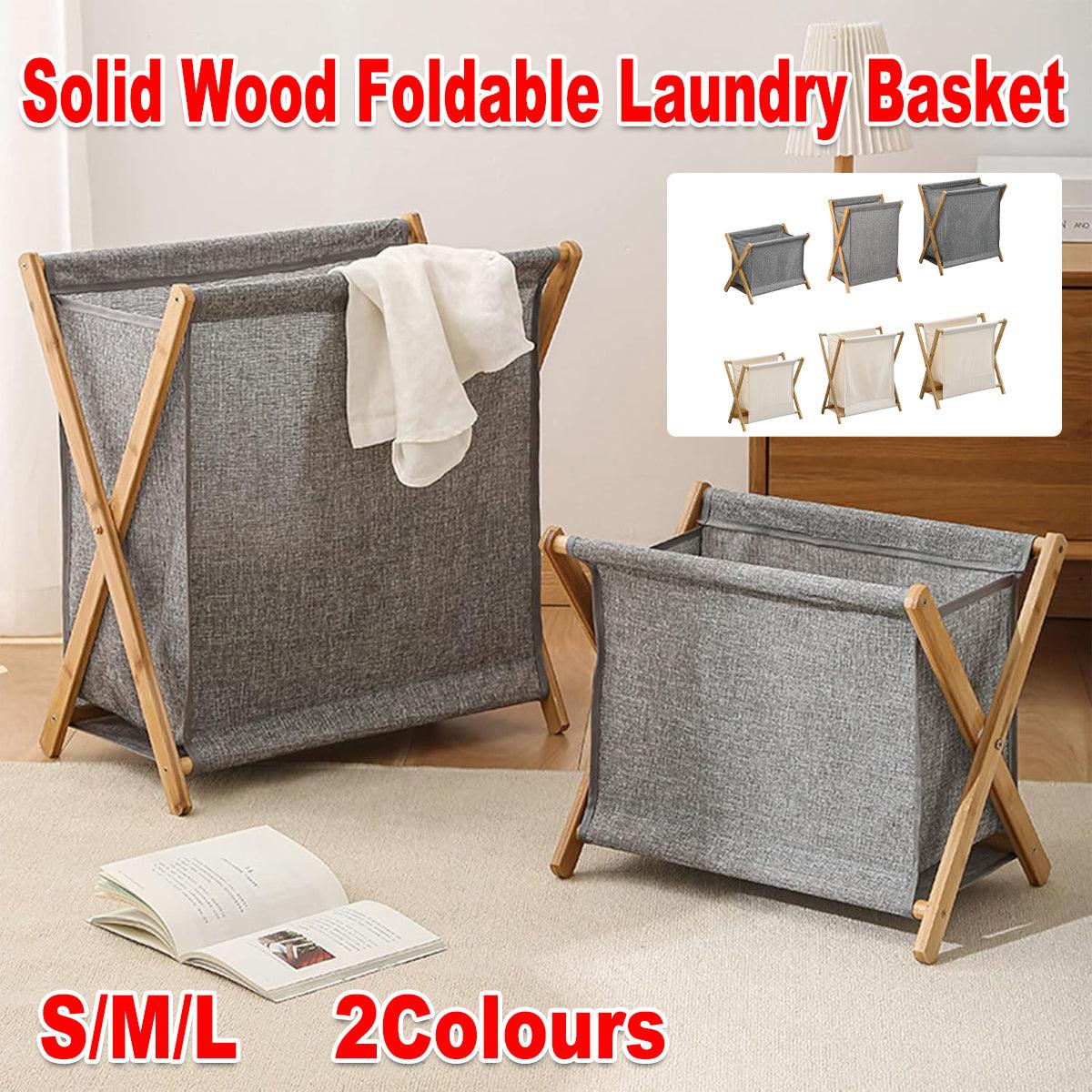 Wooden Collapsible Laundry Basket Dirty Clothes Storage Household Organizer - Beige-S
