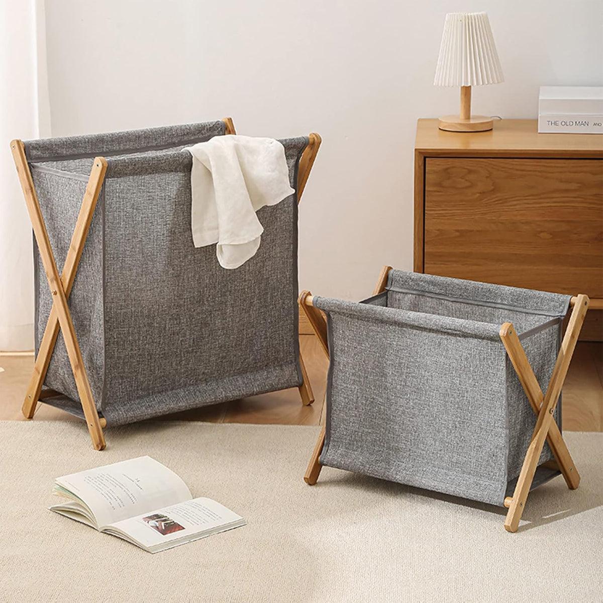 Wooden Collapsible Laundry Basket Dirty Clothes Storage Household Organizer - Beige-S