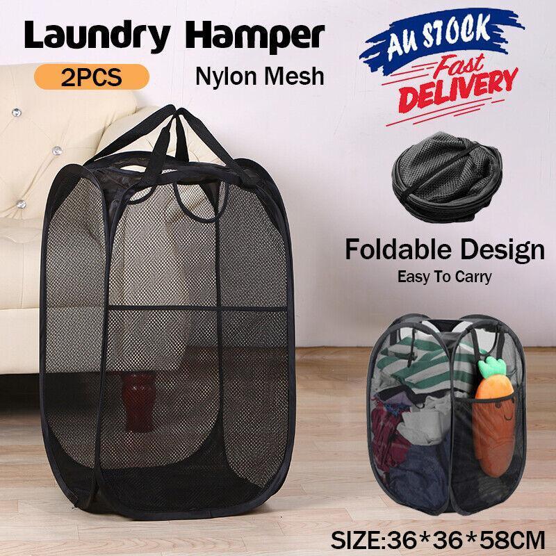2PCS Foldable Mesh Laundry Hampers with Handles and Pocket for Clothes Storage