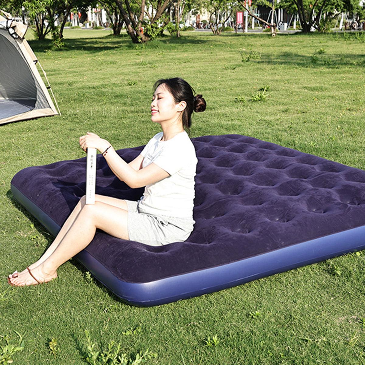King Size Inflatable Airbed Easy Inflate Flocked Air Mattress Camping Guest Bed