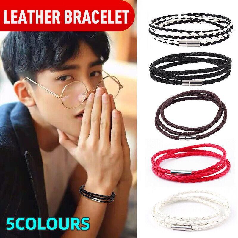 1Pc New Fashion Men Women Three Laps Pu Leather Bracelet Wristband Bangle Punk - White