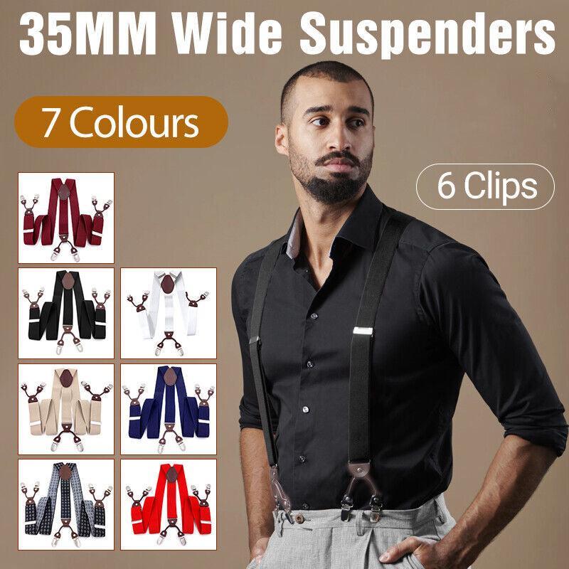 Adjustable 35mm Wide Suspenders for Men with 6 Clips Elastic Leather Braces - Wine Red