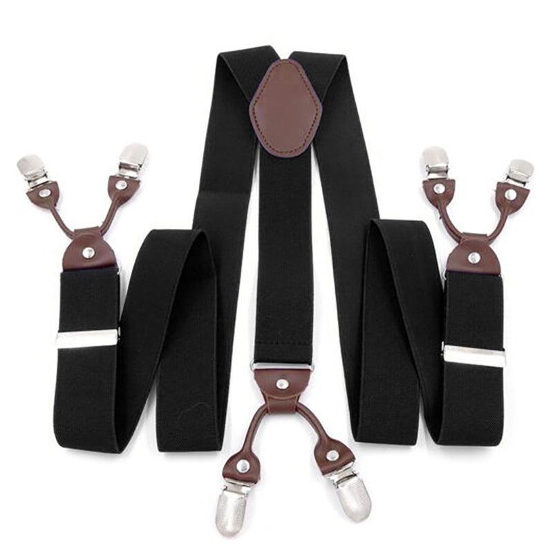 Adjustable 35mm Wide Suspenders for Men with 6 Clips Elastic Leather Braces - Wine Red