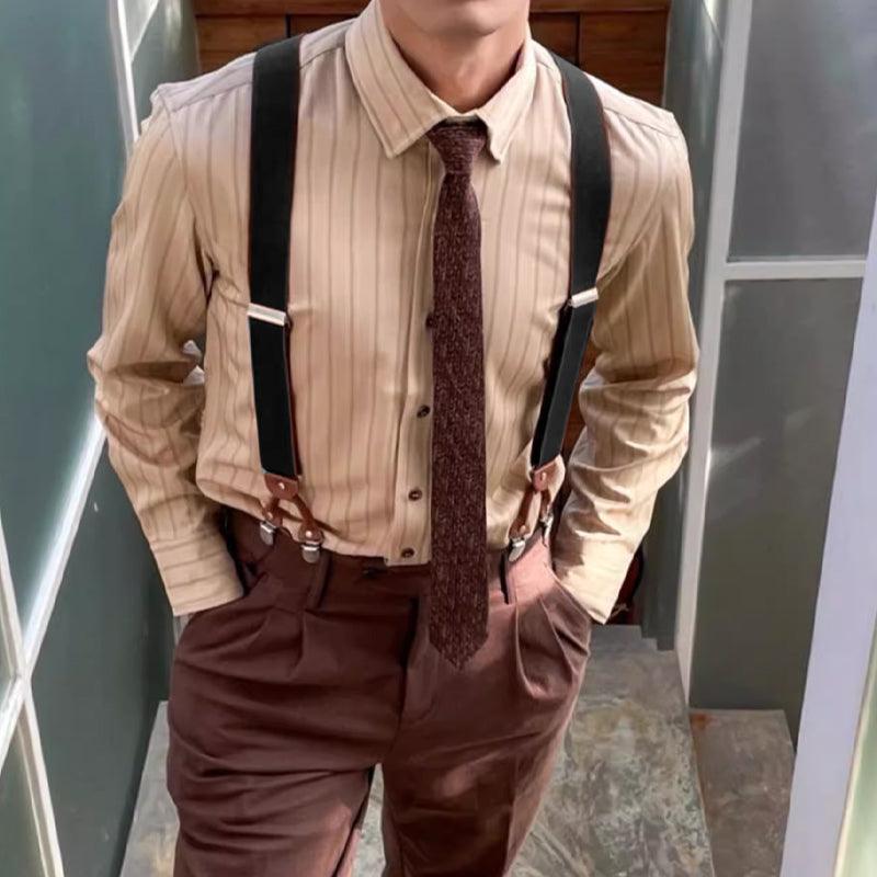 Adjustable 35mm Wide Suspenders for Men with 6 Clips Elastic Leather Braces - Wine Red