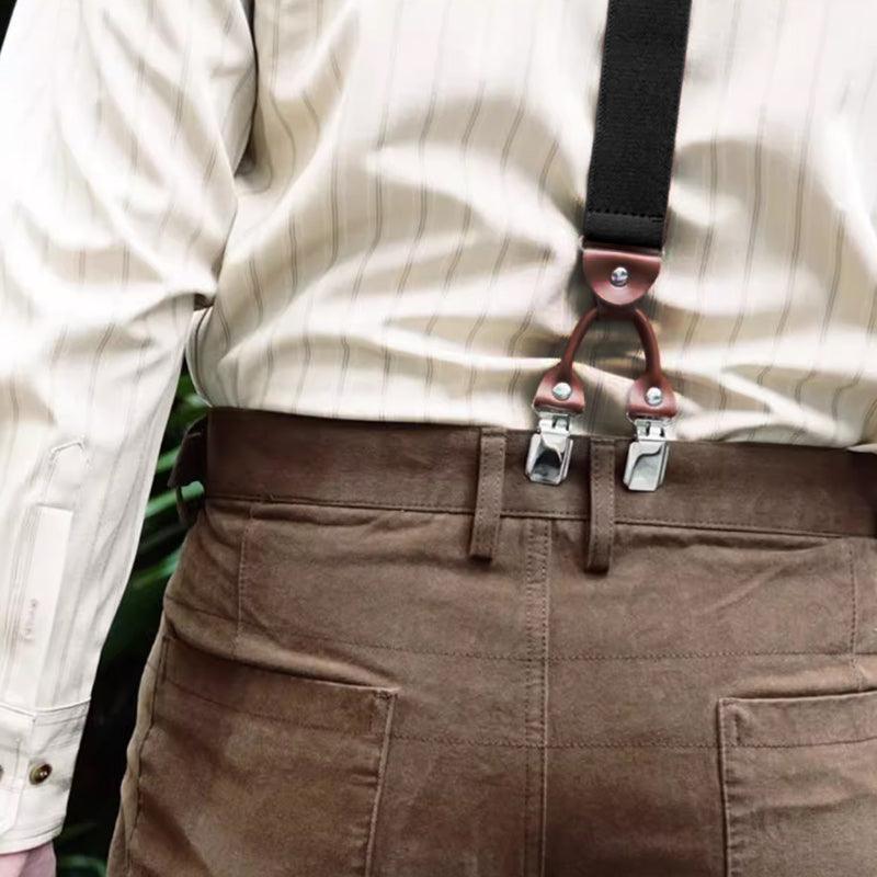 Adjustable 35mm Wide Suspenders for Men with 6 Clips Elastic Leather Braces - Wine Red