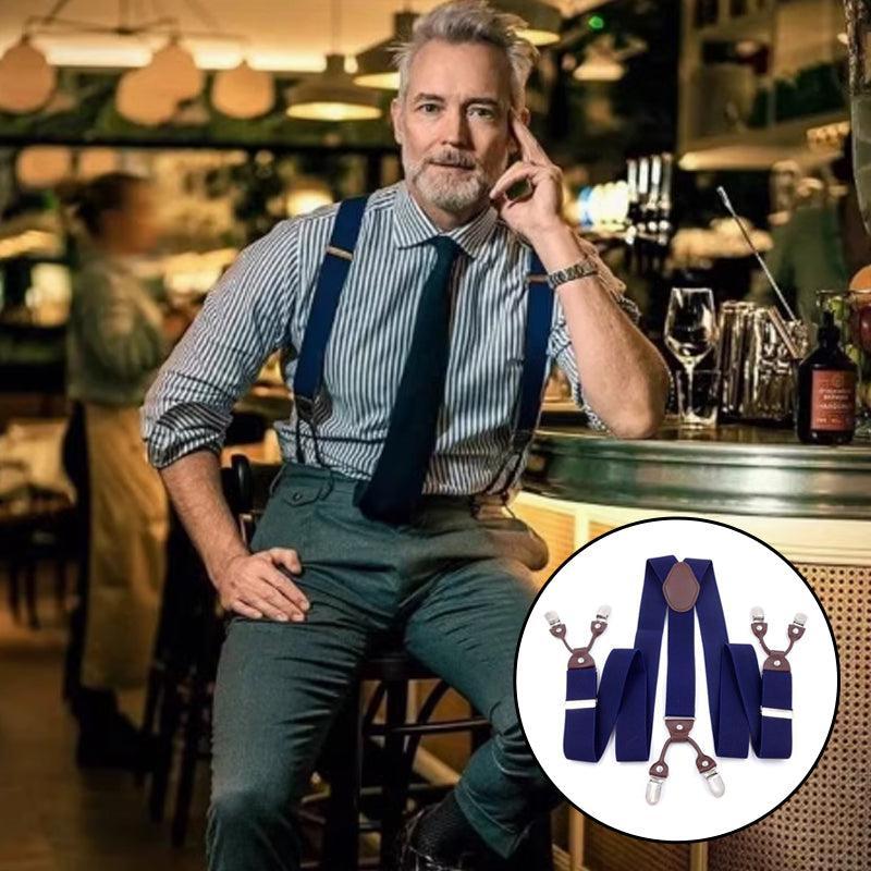 Adjustable 35mm Wide Suspenders for Men with 6 Clips Elastic Leather Braces - Wine Red