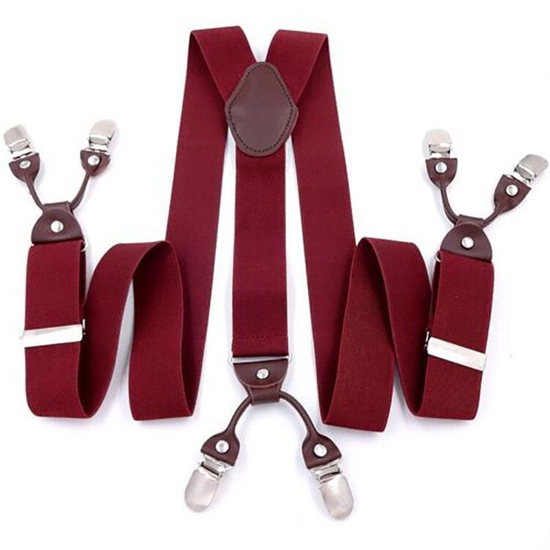 Adjustable 35mm Wide Suspenders for Men with 6 Clips Elastic Leather Braces - Wine Red