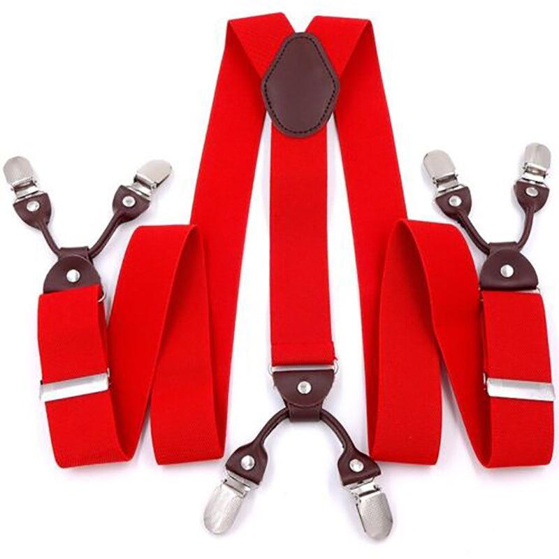 Adjustable 35mm Wide Suspenders for Men with 6 Clips Elastic Leather Braces - Wine Red