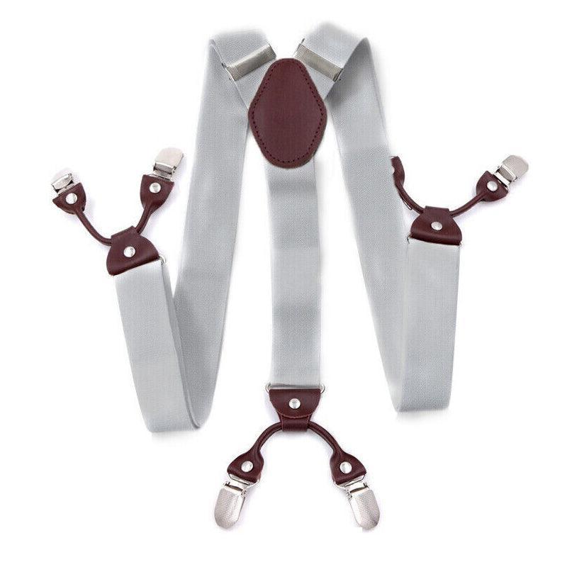 Adjustable 35mm Wide Suspenders for Men with 6 Clips Elastic Leather Braces - Wine Red