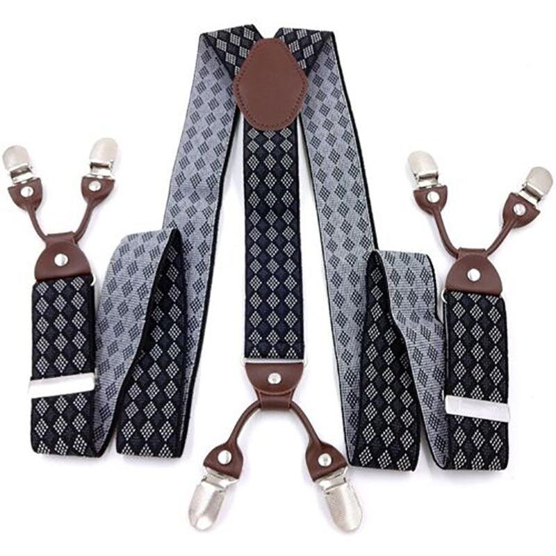 Adjustable 35mm Wide Suspenders for Men with 6 Clips Elastic Leather Braces - Wine Red