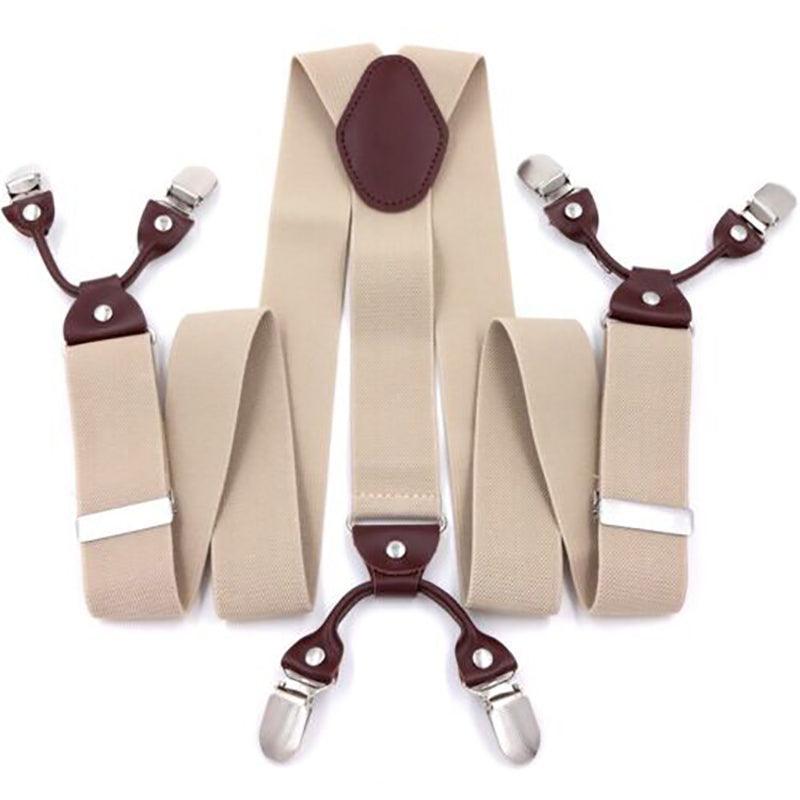 Adjustable 35mm Wide Suspenders for Men with 6 Clips Elastic Leather Braces - Wine Red
