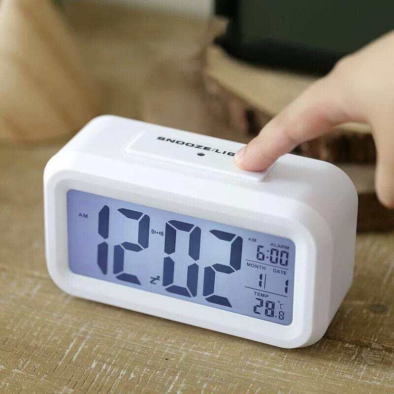 Digital Bedside Led Snooze Alarm Clock Time Temperature Day/Night Desktop Clock - White