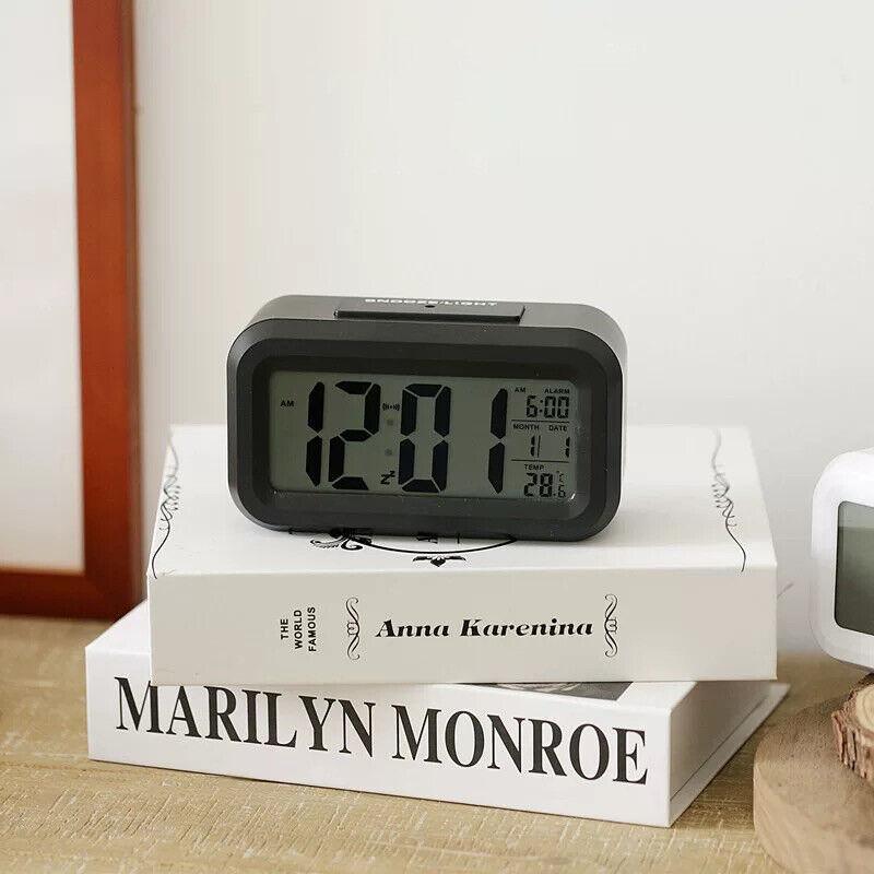 Digital Bedside Led Snooze Alarm Clock Time Temperature Day/Night Desktop Clock - White