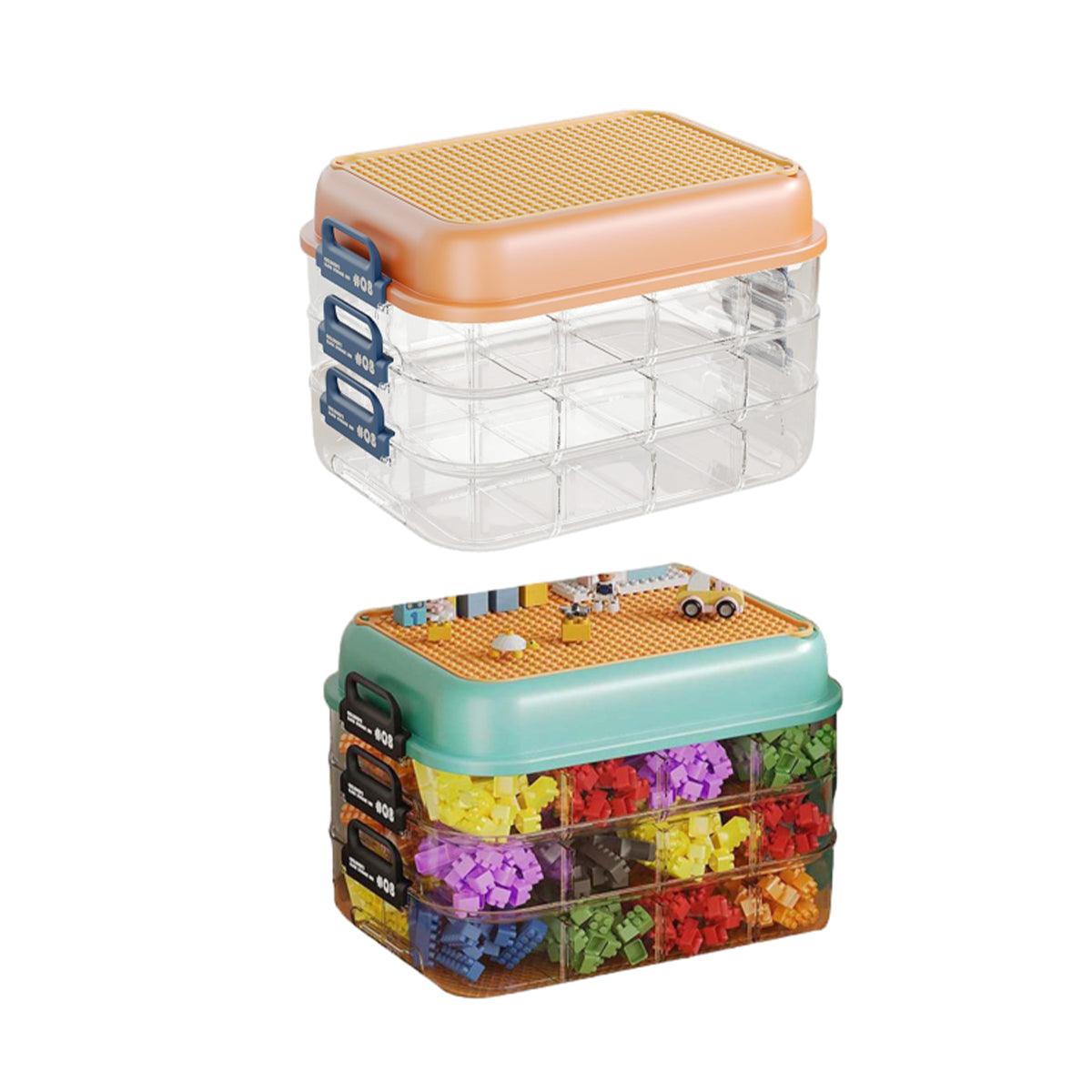 3-Layer Stackable Storage Box for Building Blocks Toy Organizer with Sorting Trays - Green