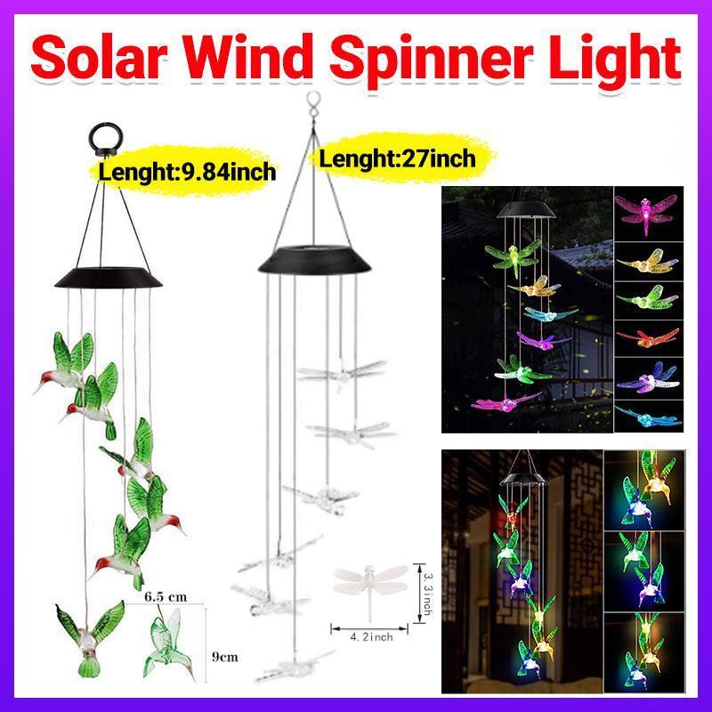Wind Chimes Solar Powered Led Lights Changing Hanging Garden Yard Outdoor Decor - Dragonfly