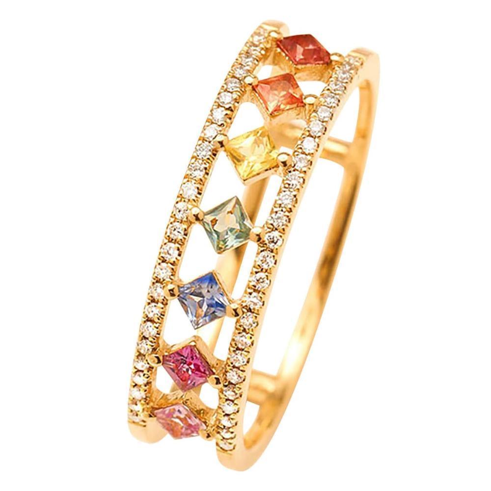 Rainbow Gold Ring Women Fashion Colorful Band Jewelry Gift 6-10 Sizes Ring - 6