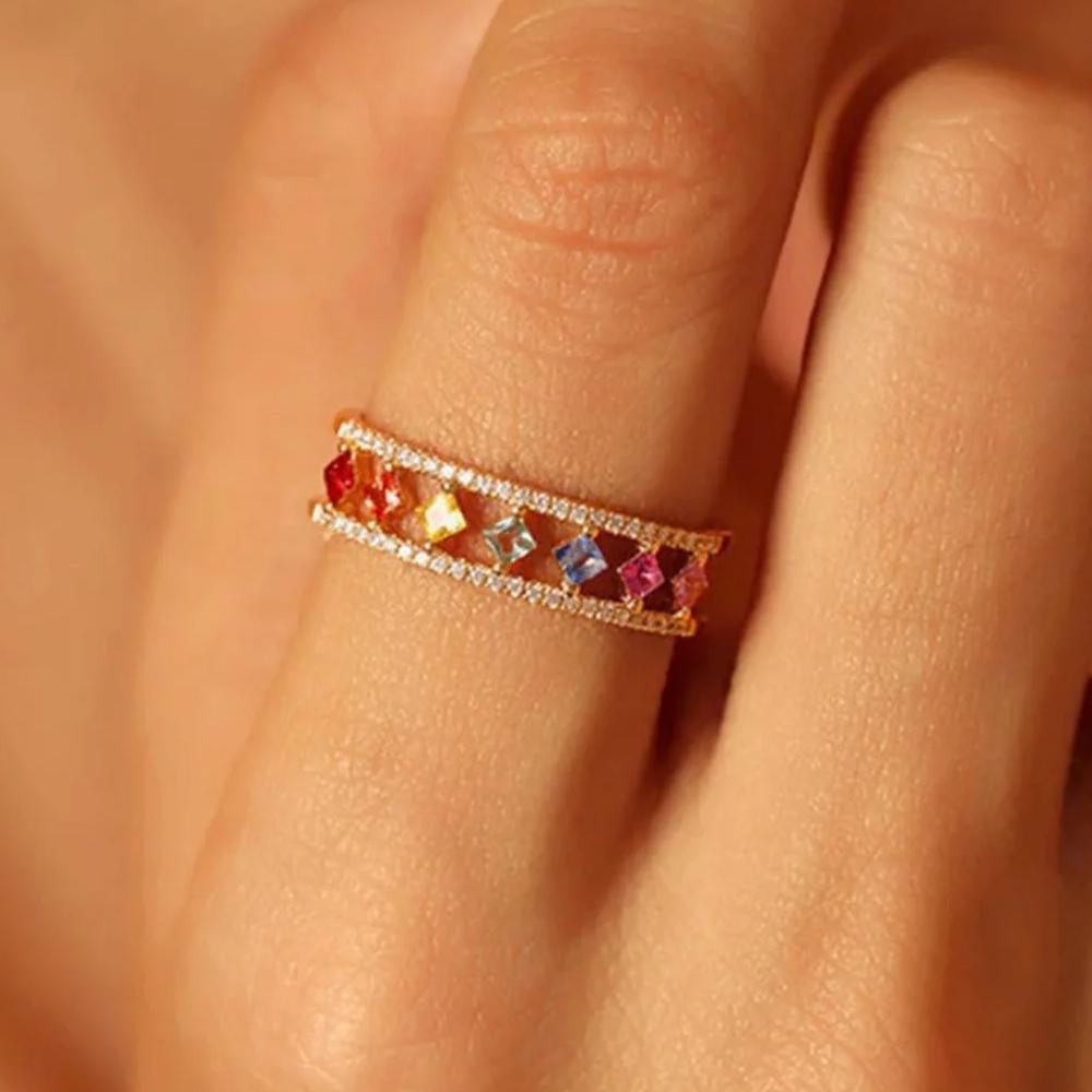 Rainbow Gold Ring Women Fashion Colorful Band Jewelry Gift 6-10 Sizes Ring - 6