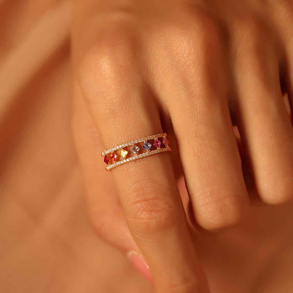Rainbow Gold Ring Women Fashion Colorful Band Jewelry Gift 6-10 Sizes Ring - 6
