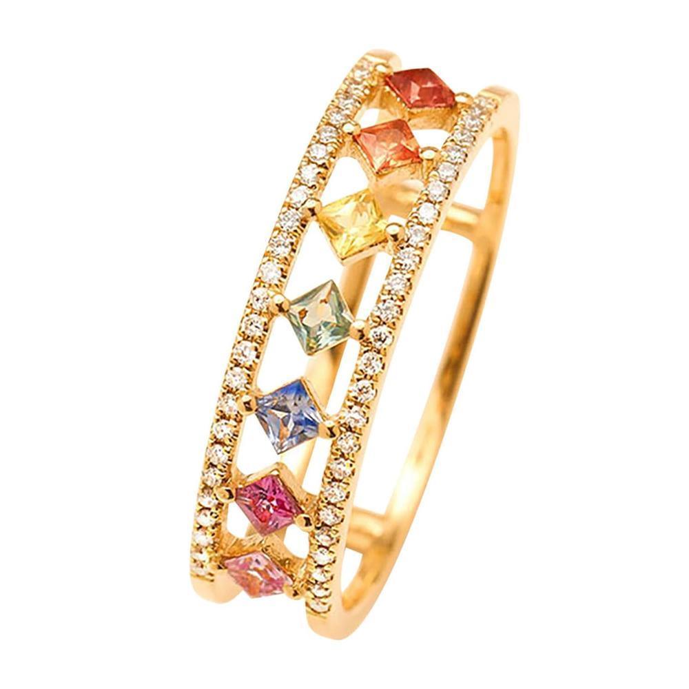 Rainbow Gold Ring Women Fashion Colorful Band Jewelry Gift 6-10 Sizes Ring - 6