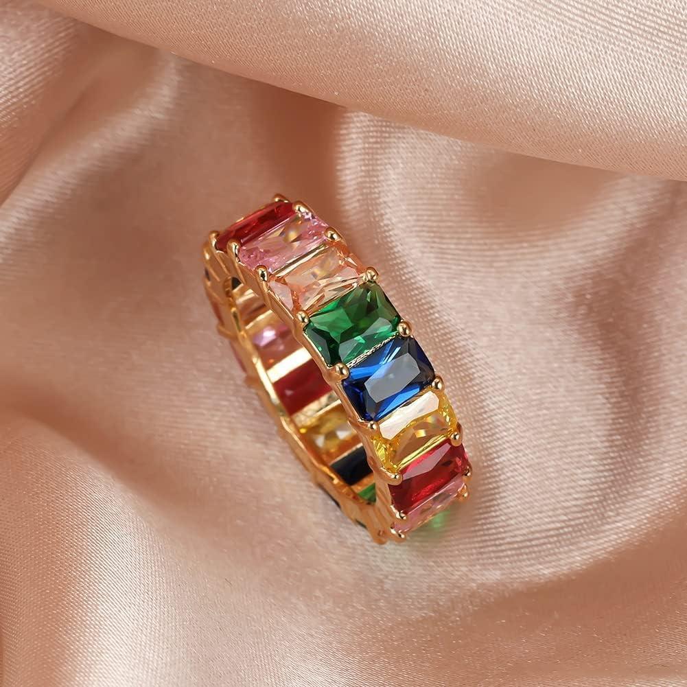 Rainbow Zircon Gemstone Ring Women's Stainless Steel Colourful Ring Size 6-10 - Gold-Multicolor-6