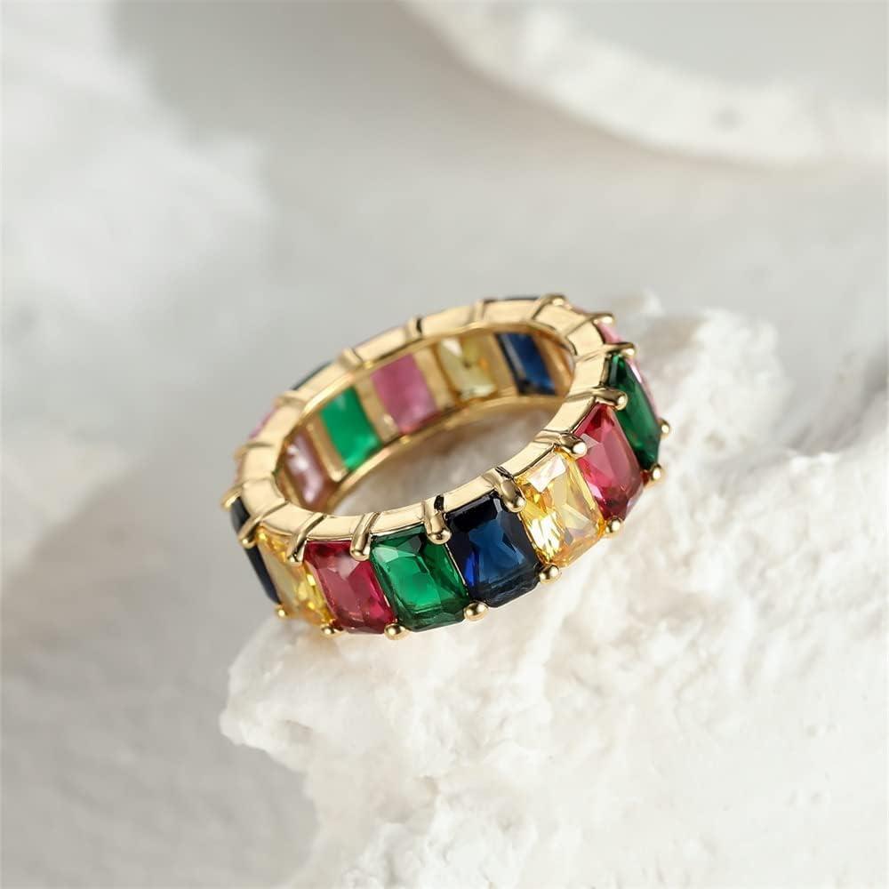 Rainbow Zircon Gemstone Ring Women's Stainless Steel Colourful Ring Size 6-10 - Gold-Multicolor-6