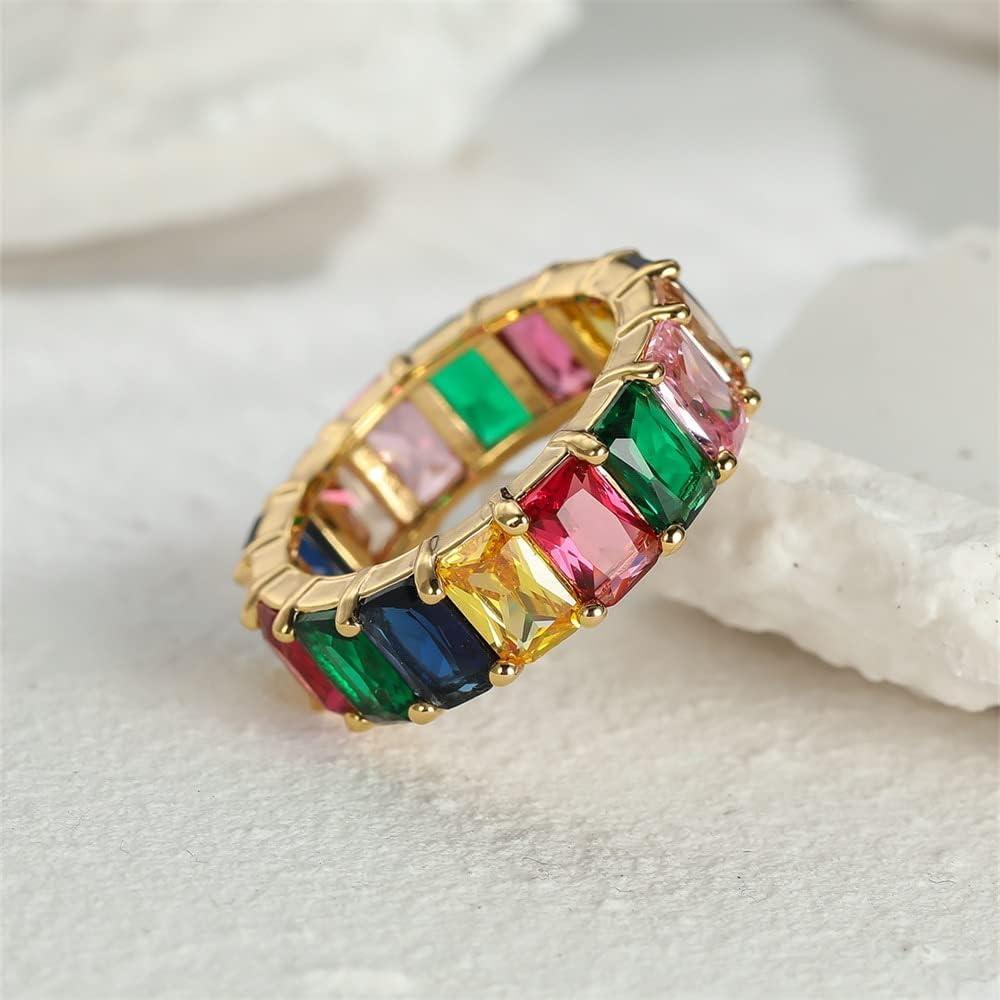 Rainbow Zircon Gemstone Ring Women's Stainless Steel Colourful Ring Size 6-10 - Gold-Multicolor-8