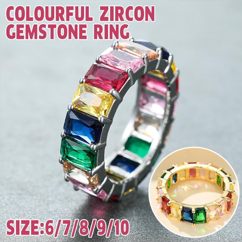 Rainbow Zircon Gemstone Ring Women's Stainless Steel Colourful Ring Size 6-10 - Silver-Multicolor-10