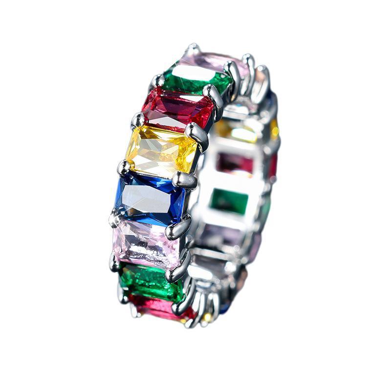 Rainbow Zircon Gemstone Ring Women's Stainless Steel Colourful Ring Size 6-10 - Silver-Multicolor-9