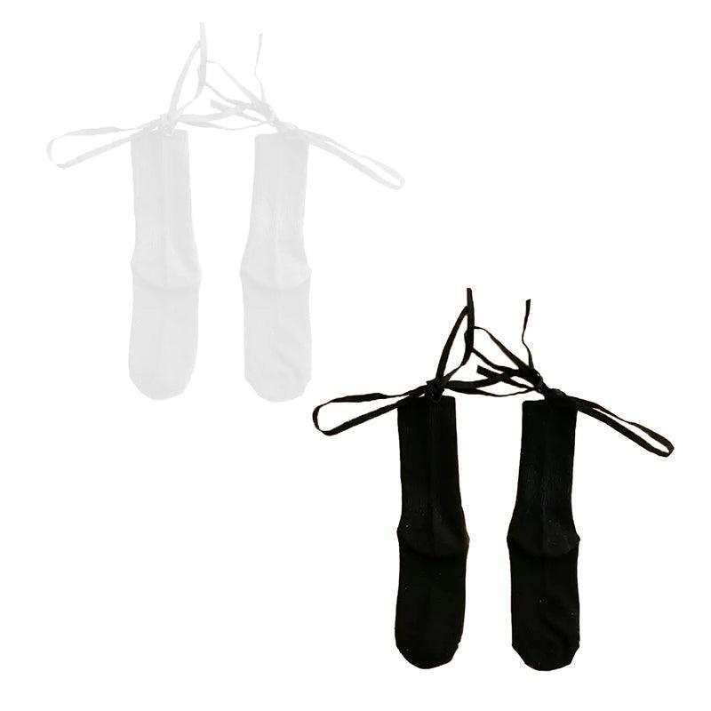 Cross-Tie Women Lolita Socks Bandage Stockings Korean Style Middle Tube Socks - Black+Black