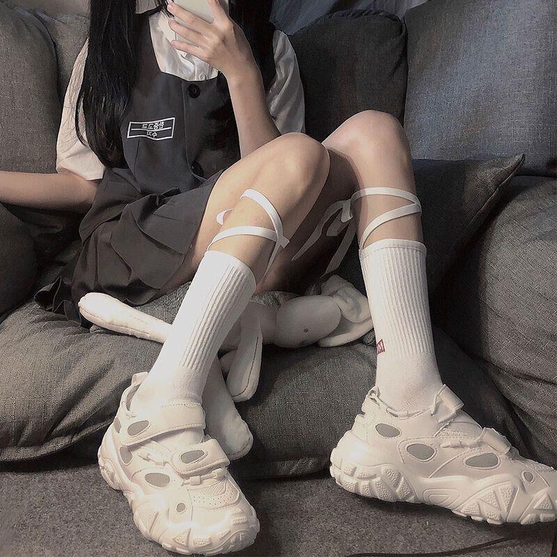 Cross-Tie Women Lolita Socks Bandage Stockings Korean Style Middle Tube Socks - White+Black