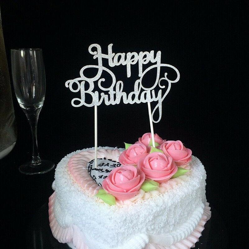 Happy Birthday Cake Topper Colour Printed Acrylic Party Decorations - Silver-Long Strip