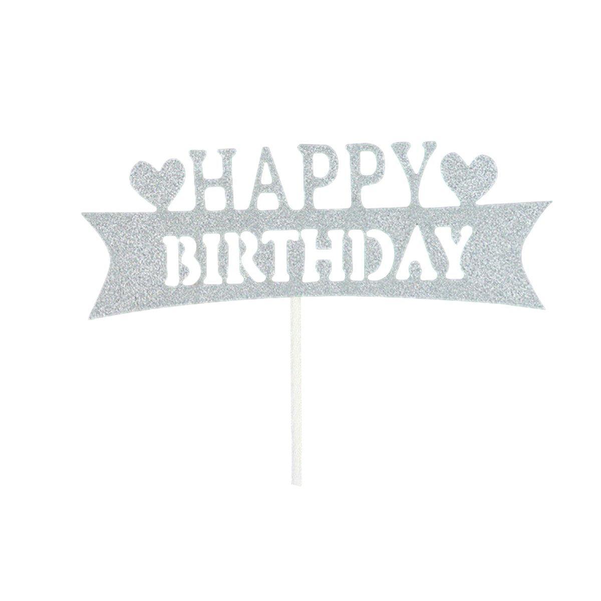 Happy Birthday Cake Topper Colour Printed Acrylic Party Decorations - Silver-Long Strip