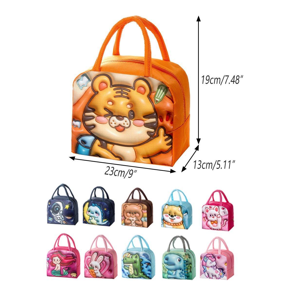 Cute 3D Cartoon Insulated Lunch Bag Oxford Fabric Bento Tote for School Use - Orange Tiger