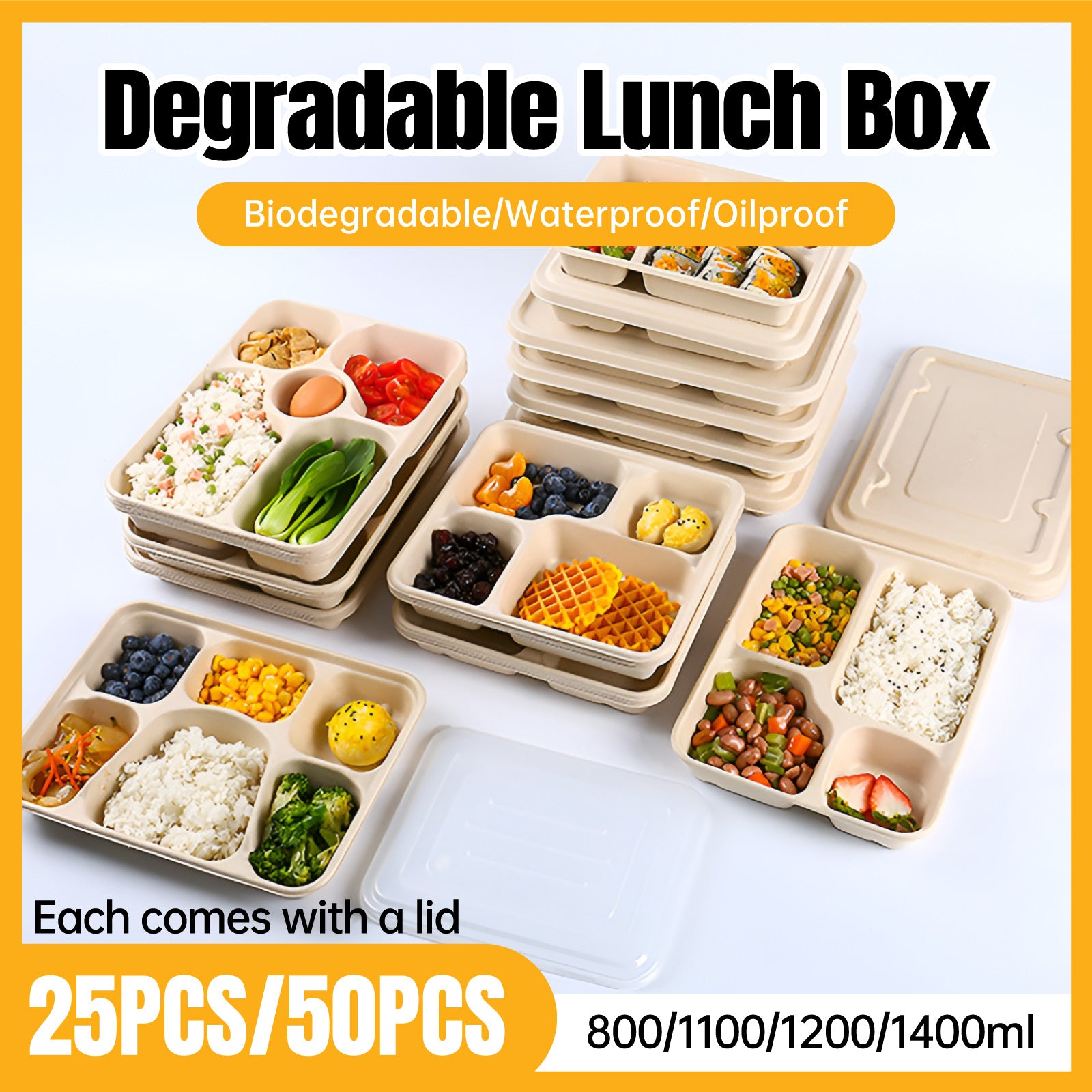 25/50pcs Biodegradable Lunch Box Microwaveable Tray with Compartment Paper Lid - 1400ML-6-50pcs