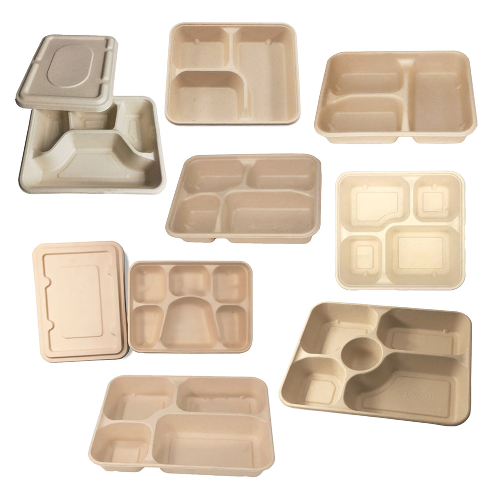 25/50pcs Biodegradable Lunch Box Microwaveable Tray with Compartment Paper Lid - 1200ml-4-25pcs