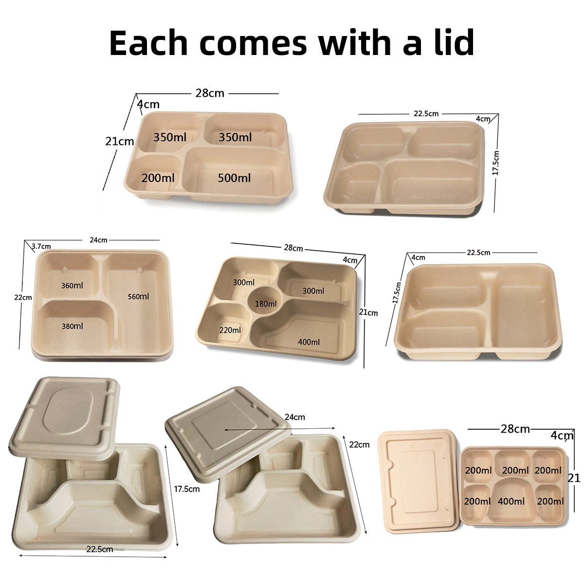25/50pcs Biodegradable Lunch Box Microwaveable Tray with Compartment Paper Lid - 1400ml-5-25pcs