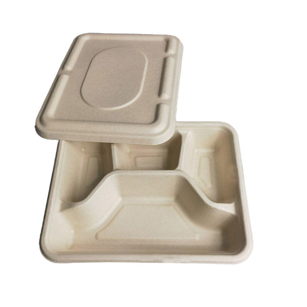 25/50pcs Biodegradable Lunch Box Microwaveable Tray with Compartment Paper Lid - 1400ml-5-25pcs