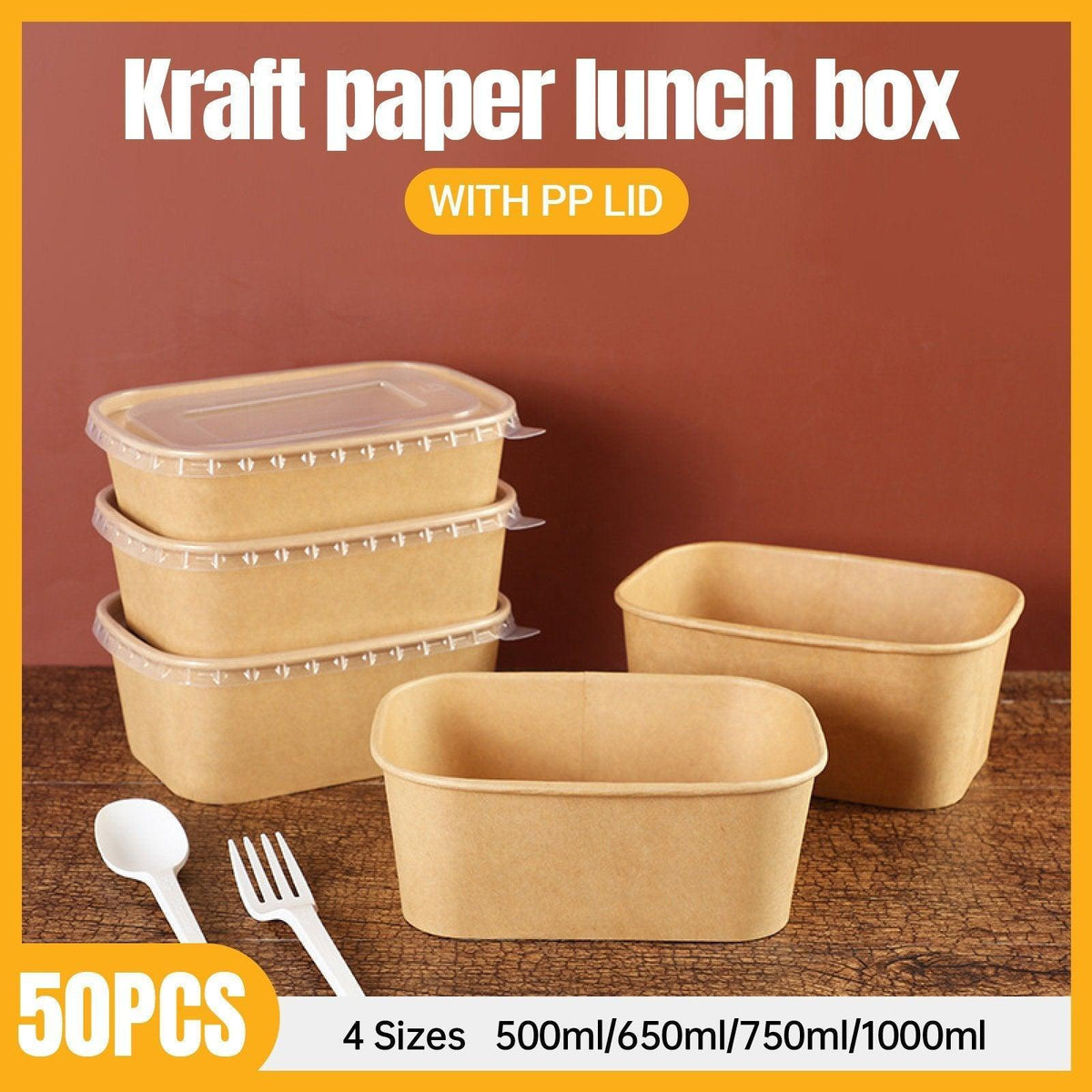 50pcs Eco Friendly Kraft Paper Food Containers Lunch Boxes for Picnic Takeout - 650ml