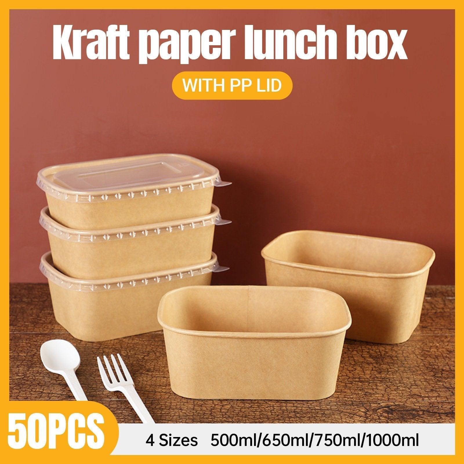 50pcs Eco Friendly Kraft Paper Food Containers Lunch Boxes for Picnic Takeout - 650ml