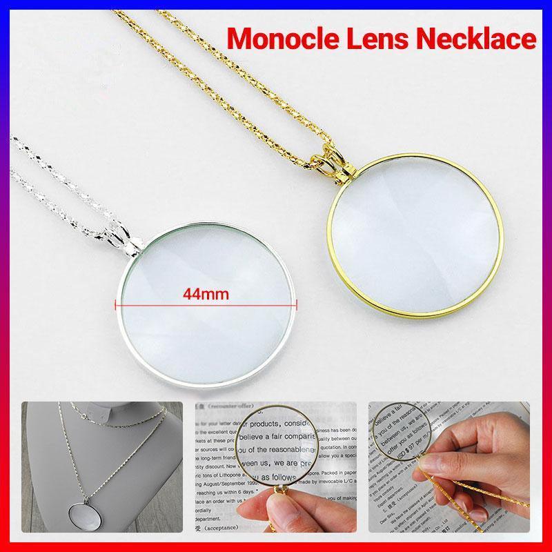 Monocle Lens Necklace 5x Magnifier Magnifying Glass Pendant Coin Gold Silver - Gold
