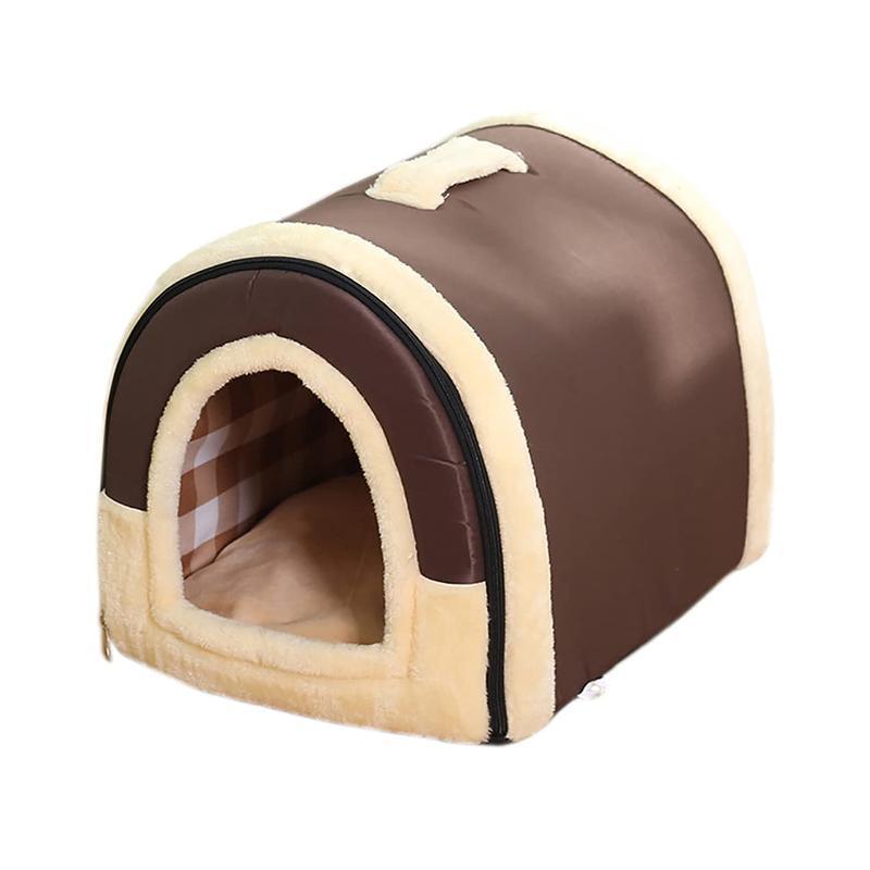 S Size Pet House Kennel Soft Igloo Beds Cave Cat Puppy Bed Warm Cushion Fold - Brown Dots