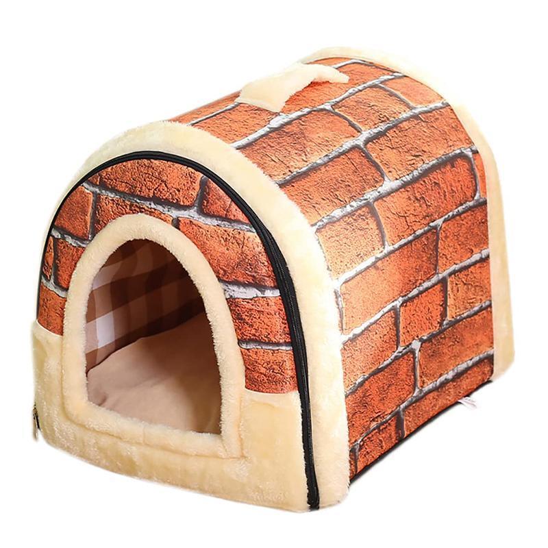 L Size Pet House Kennel Soft Igloo Beds Cave Cat Puppy Bed Warm Cushion Fold - Brown Dots